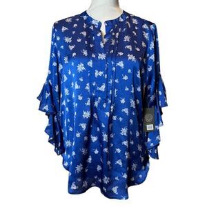 NWT Vince Camuto Women's Fresh Look Blouse in Deep Azure with White Flowers S
